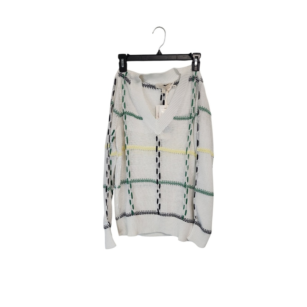 Etcetera Nantucket V-Neck Sweater Womens Medium White Plaid‎ NWT